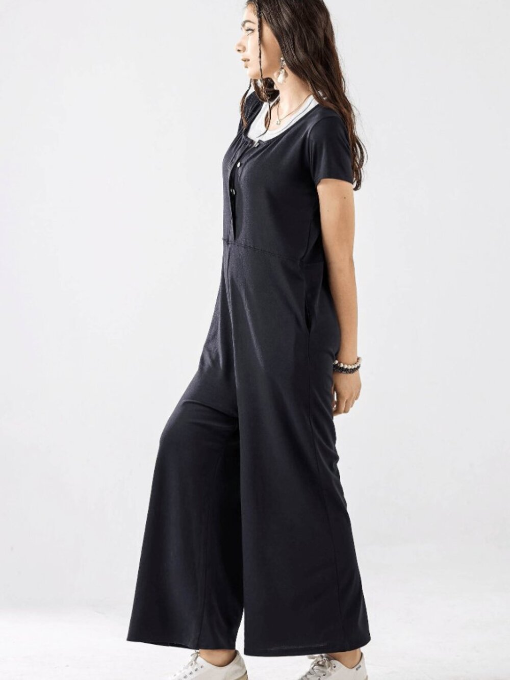 B56 French Terry Wide Leg Short Sleeve Pockets Jumpsuit Black NEW